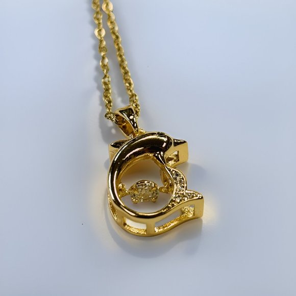 Gold 1.2 Zircon Dolphin with Round Cut Floater Pendant Necklace - Picture 1 of 16